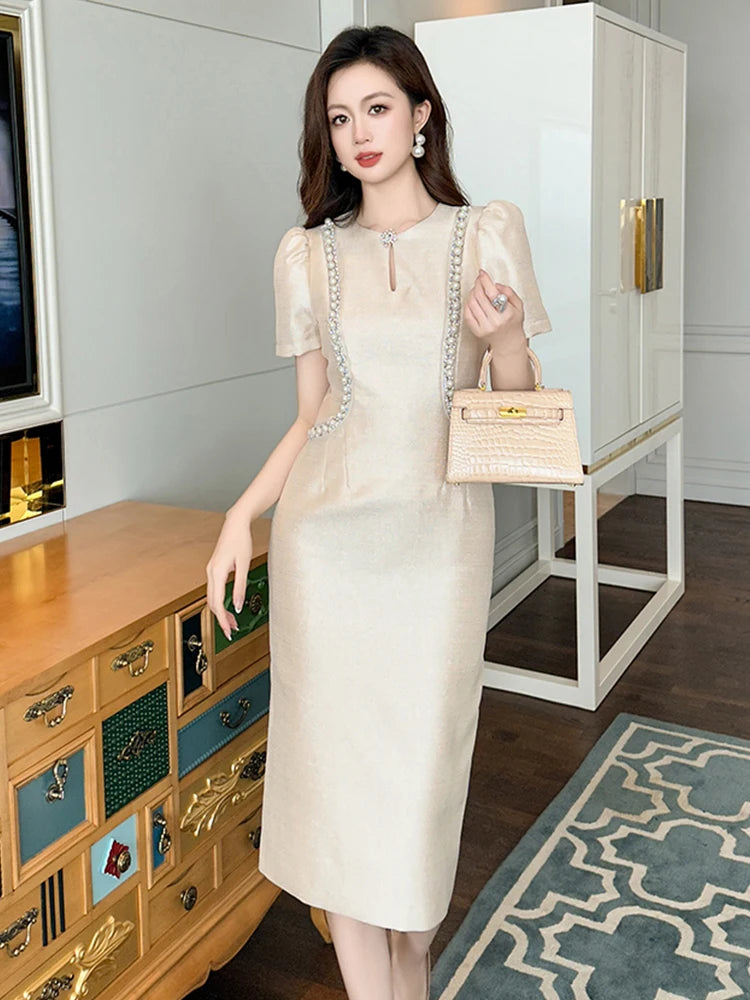 Summer Fashion Commute Formal Occasion Evening Dress Women Clothes Elegant Lady Retro Pearl Puff Sleeve Slim Midi Pencil Vestido