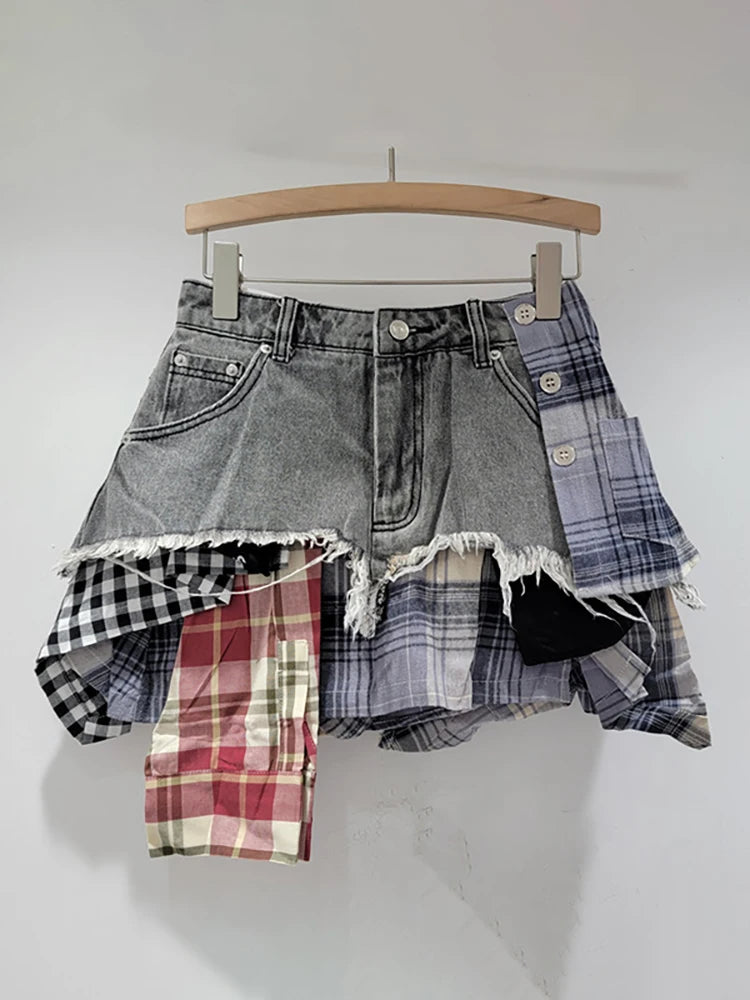 DEAT Women's Denim Skirt Colored Plaid Patchwork Irregular Deconstructed A-line High Waist Mini Skirt 2024 Autumn New Fashion