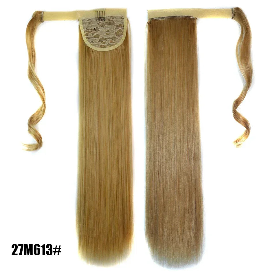 Long Straight Clip in Ponytail Extensions for Women Natural Synthetic Wrap Around Ponytail False Hair Black Straight Horse Tail