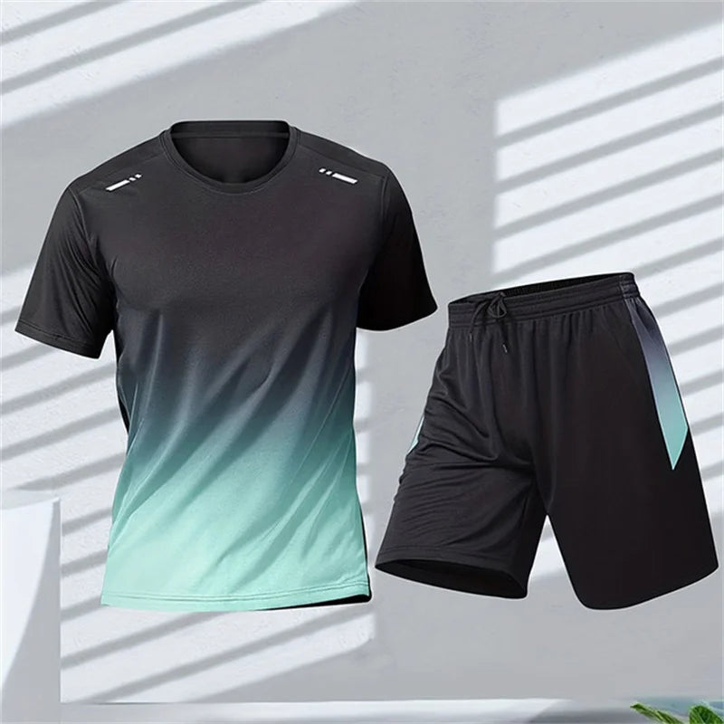 New Summer Sportswear Men Gradient Printed Badminton Set Outdoor Running T-shirt and Shorts Comfortable and Breathable Clothing