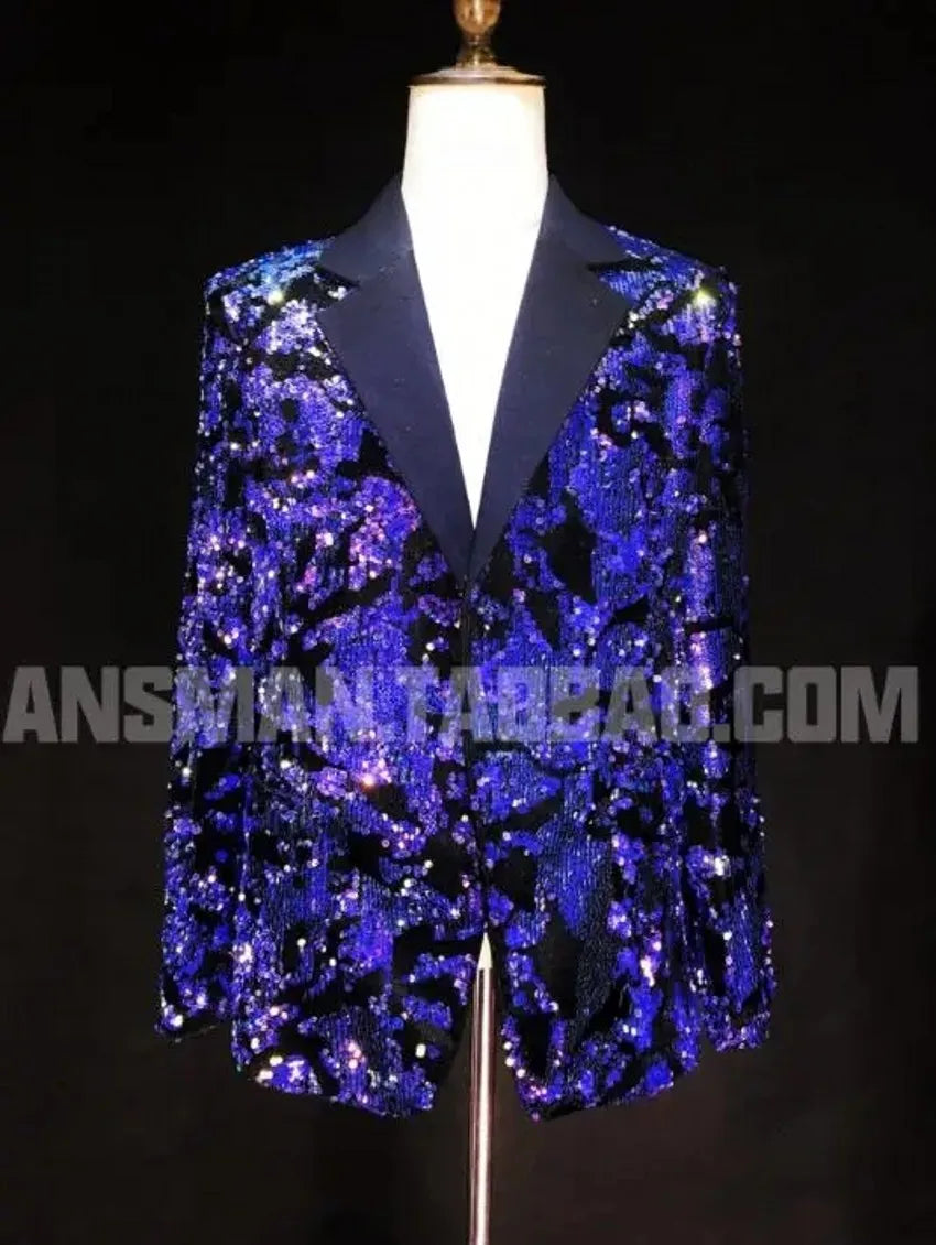 New Bar Nightclub Male Singer Jacket Dj Ds Host Blue-violet Colorful Sequins Slim Suit Stage Costume Fashion Slim Blazer Men 5xl