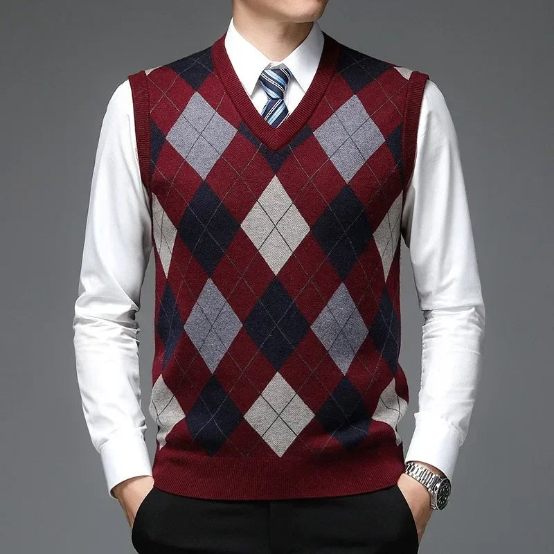 5 Colors!2023 Men's Autumn and Winter V-neck with Wool Vest Sleeveless Knit Sweater Checker Printing Vest Sweaters