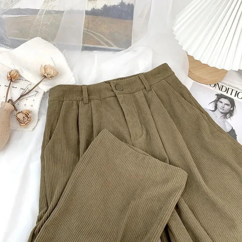 Fall Thick Warm Women Corduroy Pants High Waist Retro Casual Straight Trousers Korean Solid Pockets All Match Wide Leg Pants New