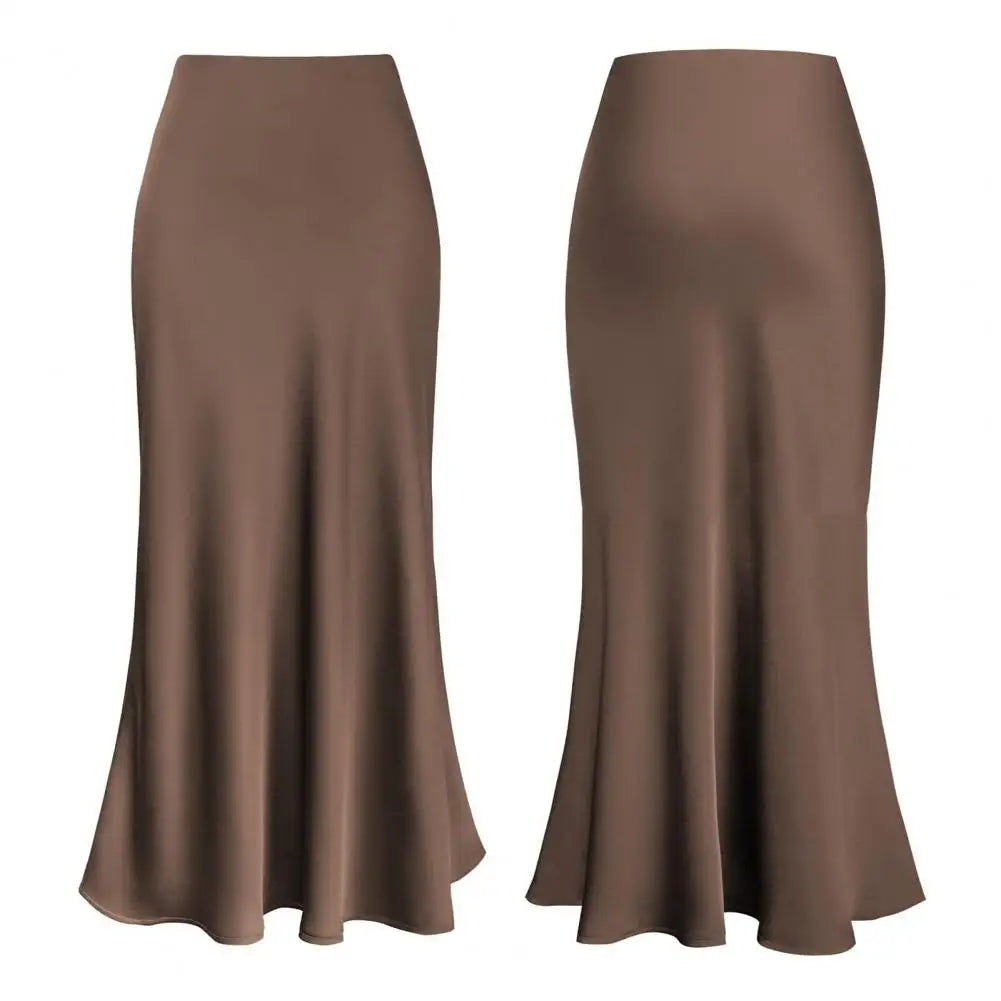 Fishtail Maxi Skirt Elegant Faux Silk Satin Skirts for Women High Waist A-line Office Lady Skirt Solid Color Glossy Finish