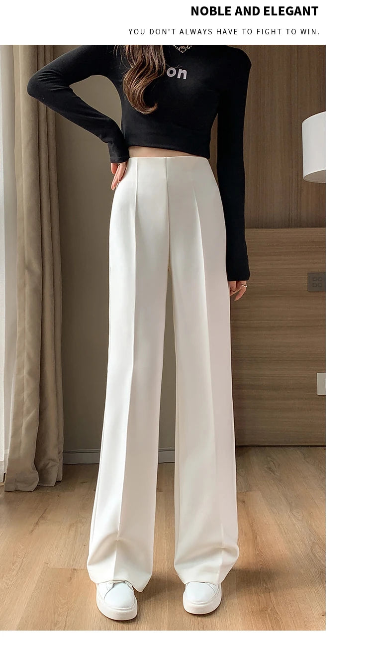 Jielur White Pleated Slim Fashion Full Length Women Wide Leg Pants Autumn Simple Casual High Waist 3-colors Female Suit Pants