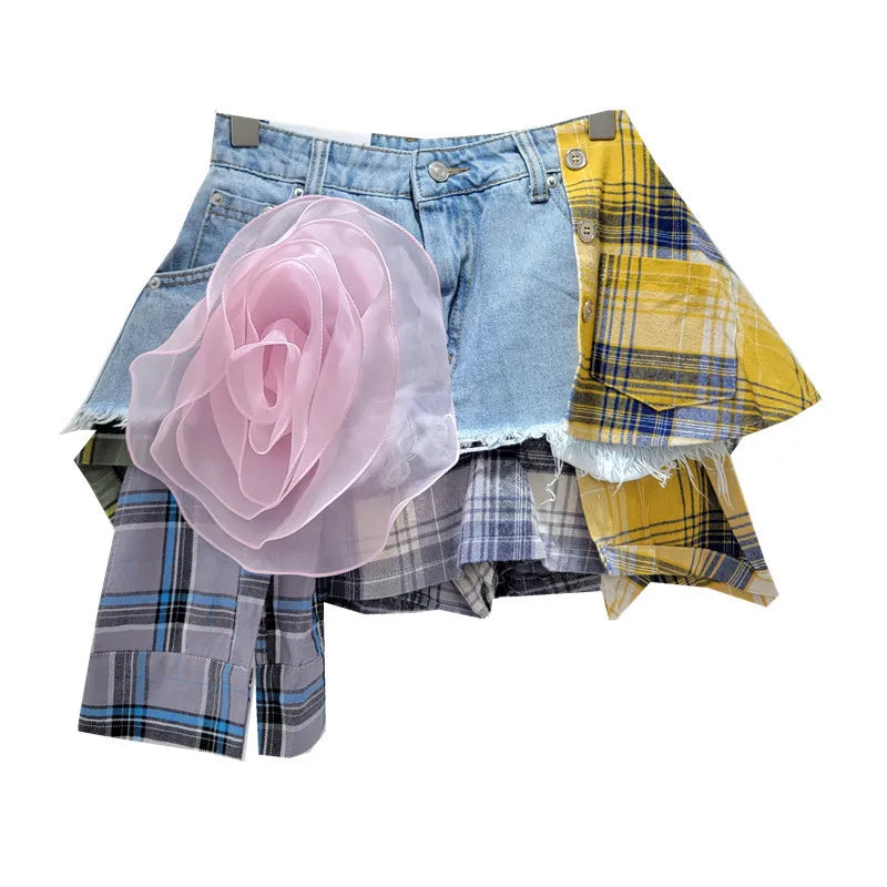 DEAT Women's Denim Skirt Colored Plaid Patchwork Irregular Deconstructed A-line High Waist Mini Skirt 2024 Autumn New Fashion