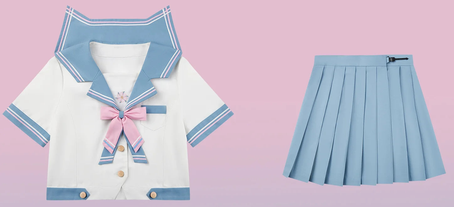 Japanese Style JK Uniform Sailor Collar Cute Sweet Blue and White Color Matching Long Short Sleeves Top Pleated Skirt Suit Girls