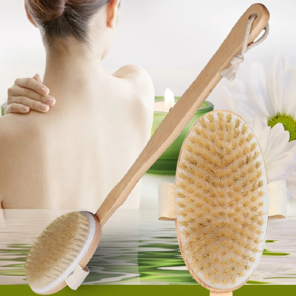 1Pc Wooden Detachable Long Handle Shower Body Brush Bathroom Wash Brush Bathing Massage Back Body Exfoliating Brush Bath Tools