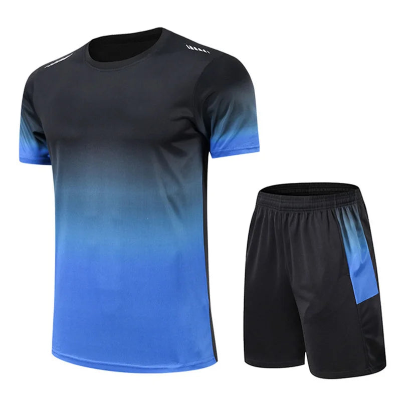 New Summer Sportswear Men Gradient Printed Badminton Set Outdoor Running T-shirt and Shorts Comfortable and Breathable Clothing